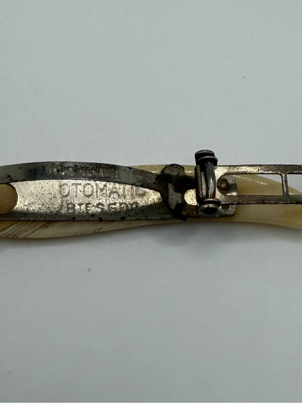 Vtg French Barrette Faux Horn Marble Otomatic Bte SGDG Cream Brown 1950s France